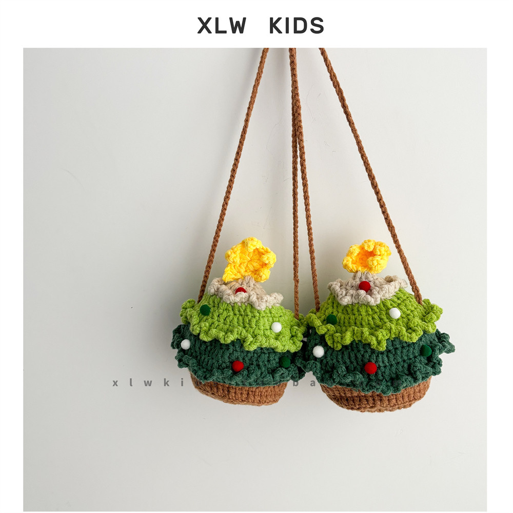 ins风毛线针织圣诞树儿童斜挎包可爱糖果针织男女童单肩零钱包潮