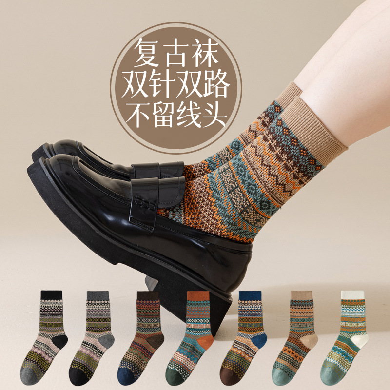 复古女士纯棉民族风中筒袜防臭