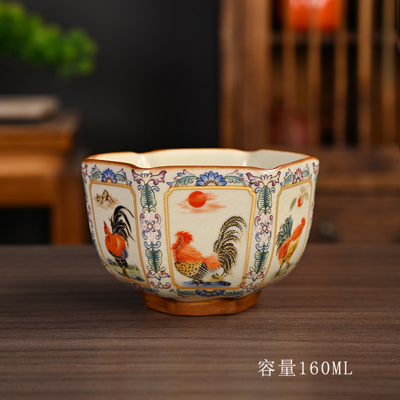 汝窑茶杯缠枝莲金鸡珐琅彩六方杯带礼盒茶盏家用主人杯客杯陶瓷杯