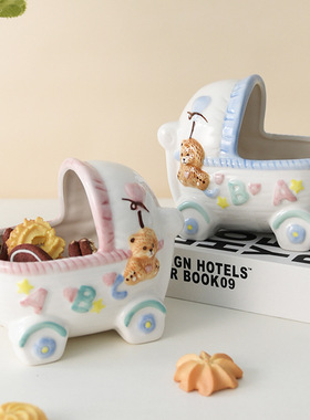 可爱熊少女心陶瓷花缸婴儿车篮金丝熊仓鼠收纳盒花篮装饰工艺摆件