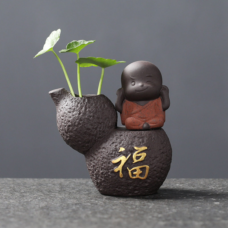 创意手工紫砂小沙弥花器茶宠摆件