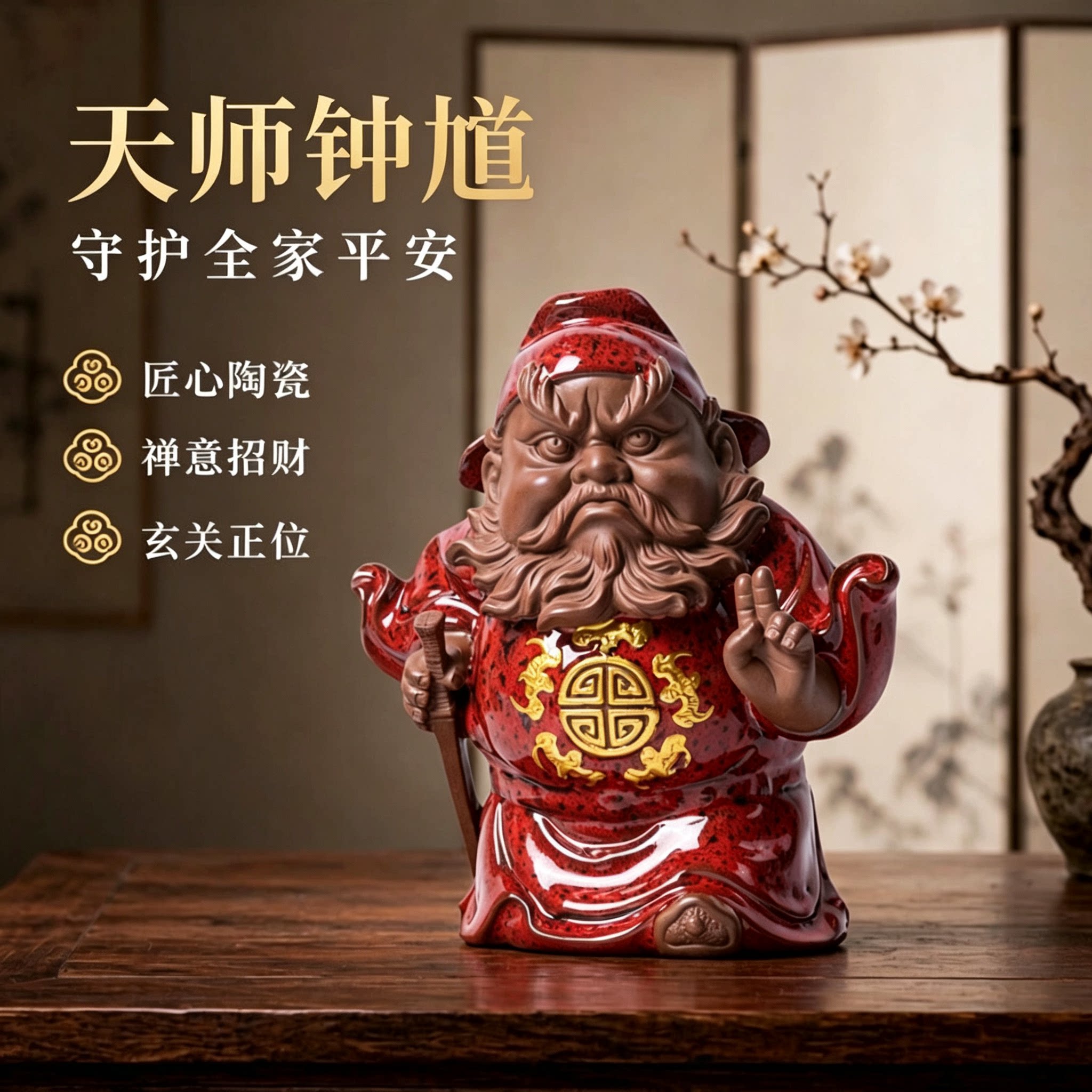 钟馗摆件天师陶瓷雕像禅意家居玄关办公室桌面中式招财装饰工艺品