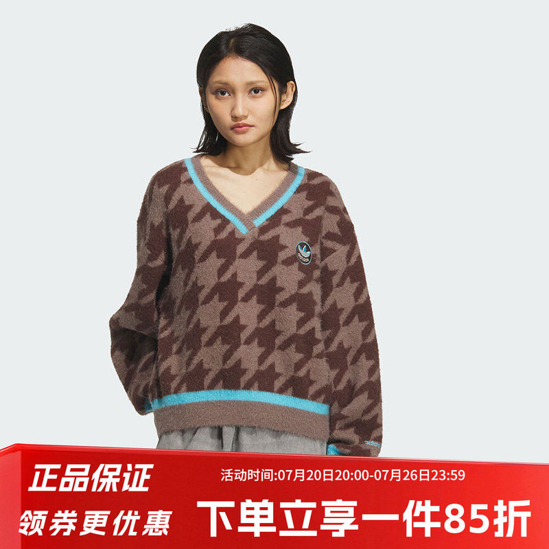 阿迪达斯三叶草女装秋季新款休闲运动V领针织毛衣套头衫KC2688