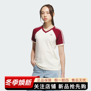 新款 NECK 阿迪达斯三叶草短袖 经典 秋季 TEE 运动上衣V领T恤 女装