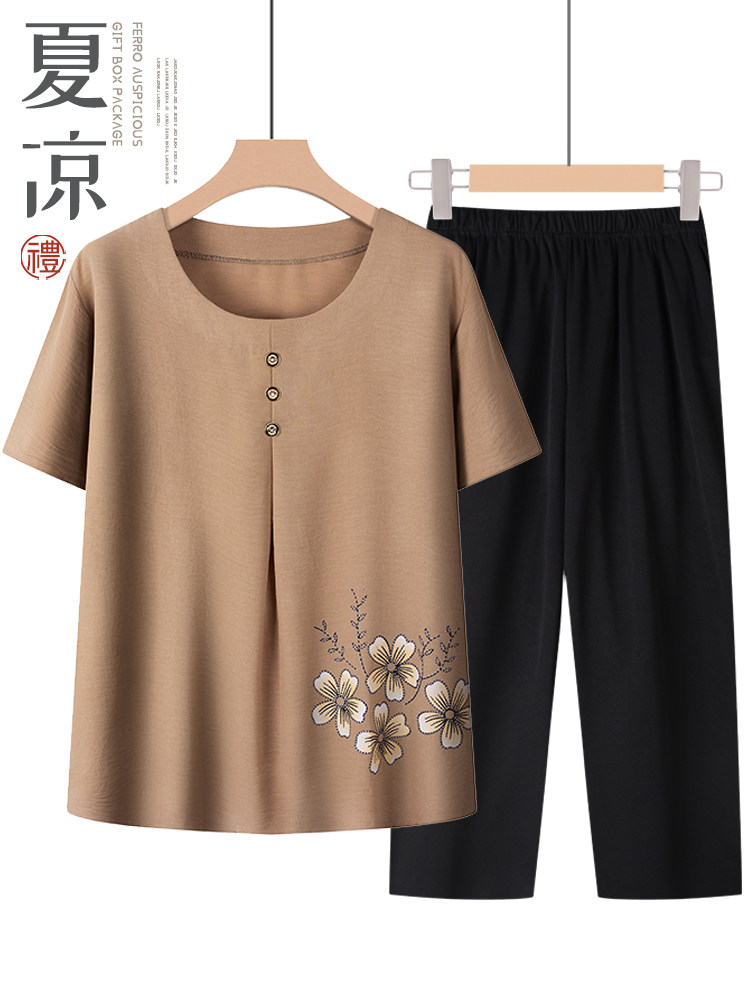 ชุดสูทผ้าฝ้ายผสมผ้าไหมสำหรับสตรีวัยกลางคนและผู้สูงอายุ ชุดเสื้อเชิ้ตแขนสั้นสำหรับคุณย่า ชุดเสื้อผ้าสำหรับคุณแม่อายุ 60–70 ปี แบบสองชิ้น