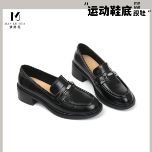 头层牛皮英伦风黑色乐福鞋 真皮通勤 女圆头金属扣一脚蹬通勤小皮鞋