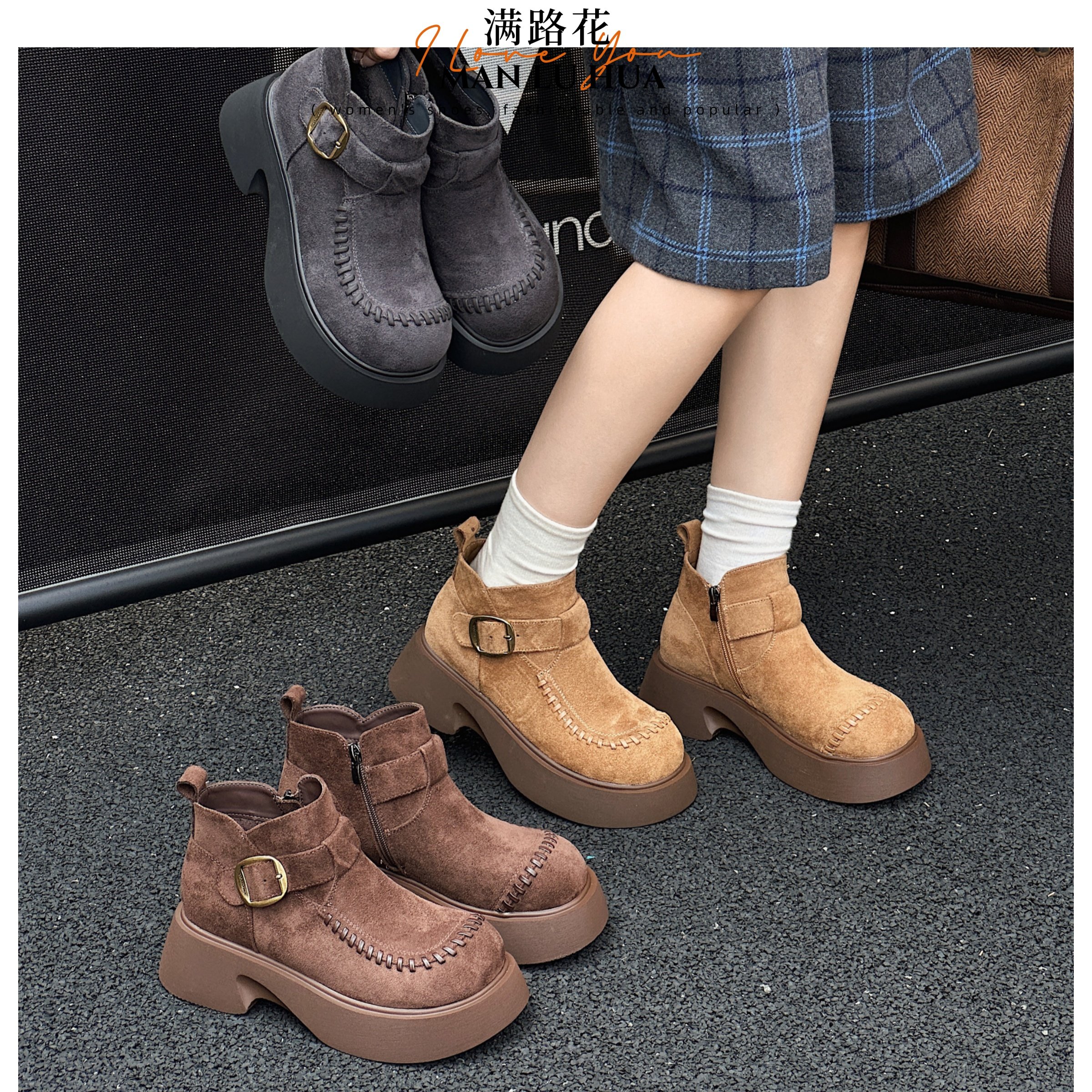 2025新款厚底增高短靴女勃肯短靴轻便软底圆头休闲鞋小个子复古,女鞋,时装靴,淘宝优惠券,粉丝福利购,淘宝优惠卷
