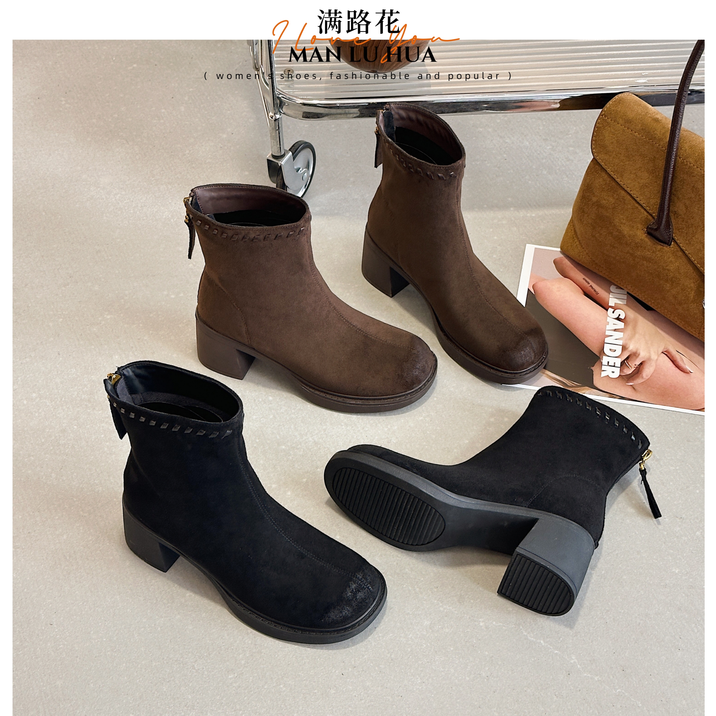 圆头中跟短筒靴2025新款厚底弹力靴软底高跟防水台瘦瘦靴短靴舒适