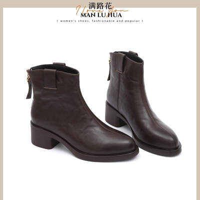 头层牛皮短靴女真皮尖头粗跟中跟一体跟软底保暖冬季加绒短筒舒适