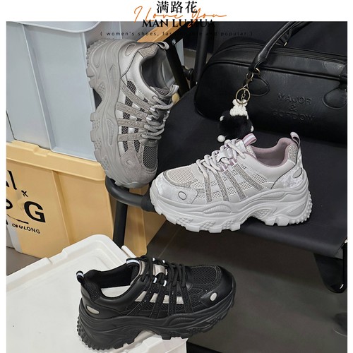 透气真皮女鞋厚底网面老爹鞋女透气增高松糕休闲运动鞋轻底小个子
