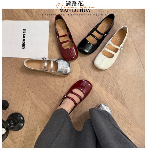 头层牛皮复古法式假分趾鞋玛丽珍女浅口百搭多条带单鞋内增高平底