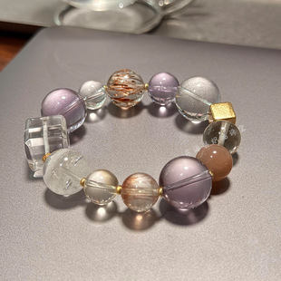 天然水晶大颗粒冰透紫水晶手链招财黑金超七时尚 饰品水晶手串批发