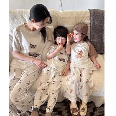 蕾蒂巴蒂亲子睡衣儿童天丝莫代尔短袖长裤套装空调家居服男童宝宝