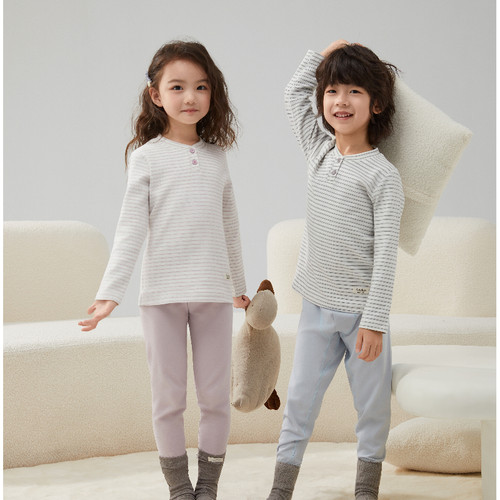 单上衣舒绒秋衣男童女童打底衫中大童纯棉条纹家居服长袖秋冬睡衣