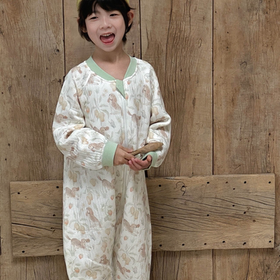 蕾蒂巴蒂儿童长袖分腿睡袋宝宝防踢被三层夹棉宽松冬加厚连体睡衣