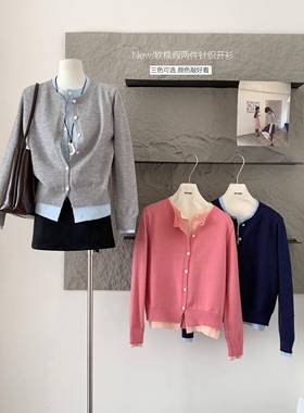 RENA敲推荐BEW！024冬系chic软糯假两2件灰色针织开衫外套女韩上