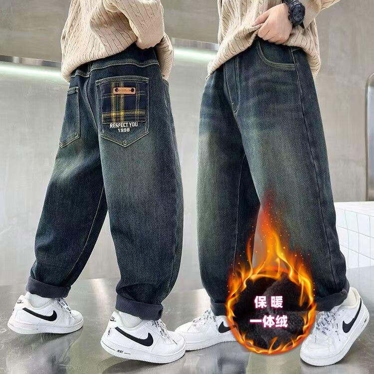 一体绒秋冬男童牛仔裤加绒