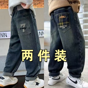 中大童一体绒休闲儿童绒潮男孩长裤 新款 2025秋冬款 男童加绒牛仔裤