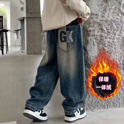 男童冬季牛仔裤加绒加厚一体绒裤子2025秋冬新款中大儿童装冬装潮