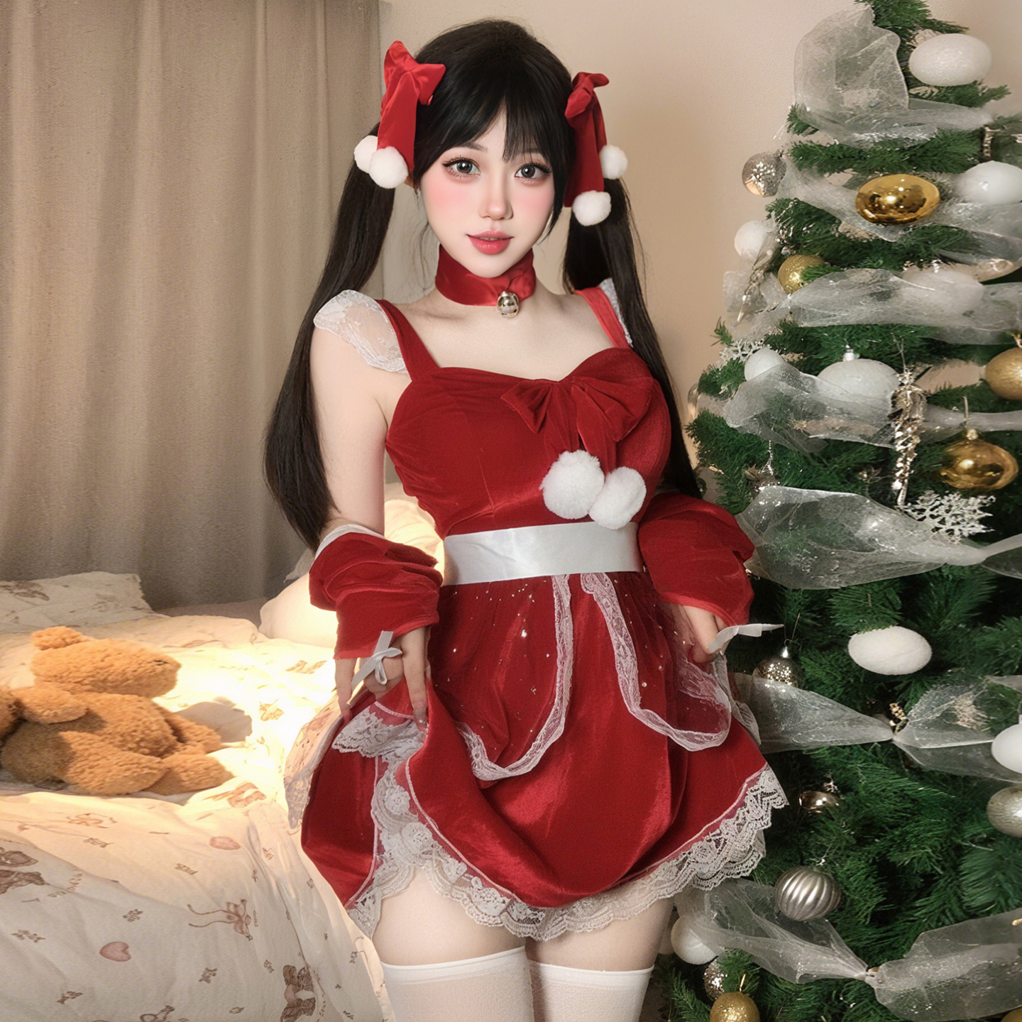 蝴蝶结丝绒吊带连衣裙女秋冬圣诞节服装洛丽塔蕾丝公主裙气质甜美