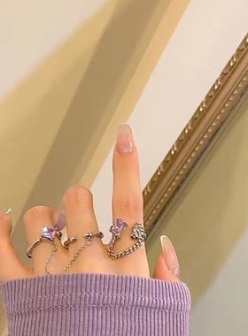 薰衣草之恋。新款浪漫氛围几何方形锆石闪闪紫色链条套装开口戒指