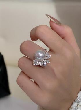 s925纯银正圆施家珍珠满钻花丛戒指女优雅轻奢风百搭小众指环