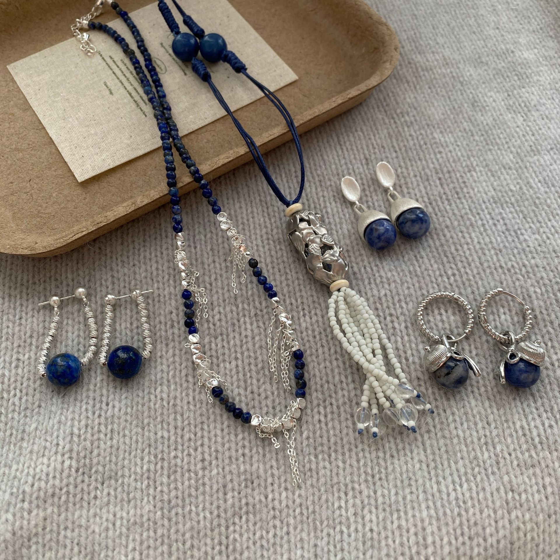 小众复古天然石耳坠铜镀银罗纹耳环气质时髦高级感耳饰项链套装女