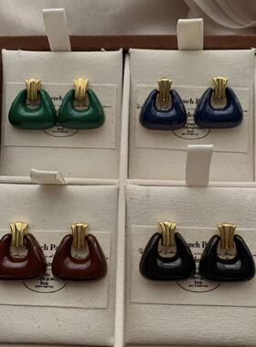 几何袋形高饱和珐琅耳环耳扣欧美轻奢时尚个性复古优雅感耳饰