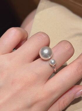 s925纯银双珠强光正圆施家大小珍珠戒指开口戒指女小众时尚感