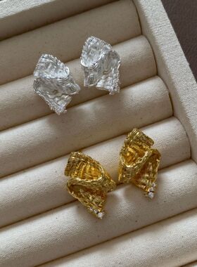 欧美风新款不规则压纹金属耳钉银针小众设计感复古时尚锆石耳饰女