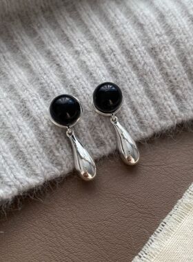 ins风复古玛瑙耳钉925银针时髦冷淡风金属水滴耳坠感气质耳饰