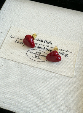 复古红色珐琅爱心耳钉925银针小众感时尚通勤风气质耳环耳饰