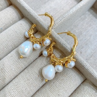 法式巴洛克淡水珍珠耳环气质小众设计感金色欧美气质耳坠耳饰