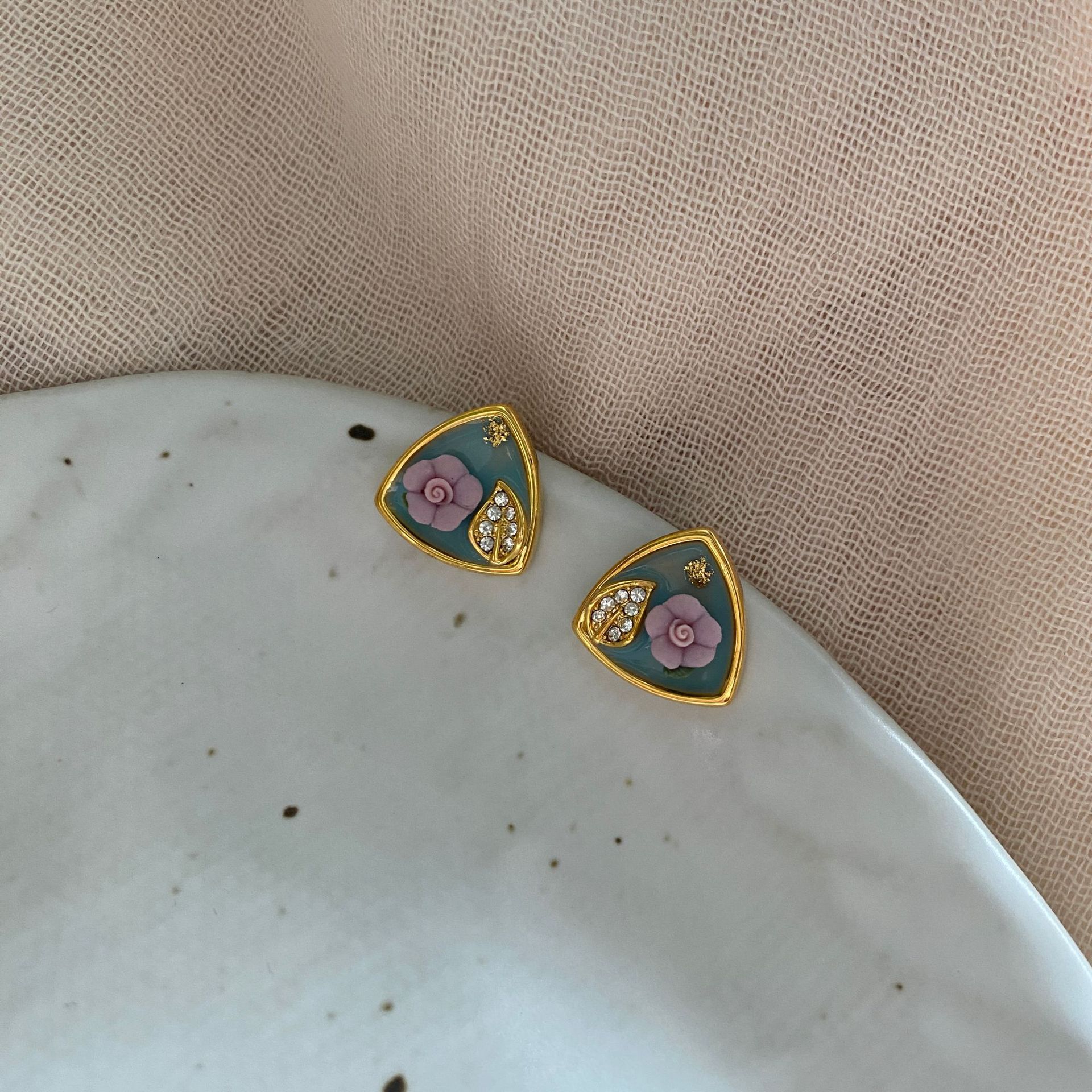 法式巴洛克风滴釉耳钉复古立体粉紫仿真花s925银针小众设计感