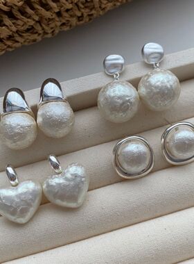 感ins风棉花珠耳钉925银针时尚小众设计款日常通勤珍珠耳饰女