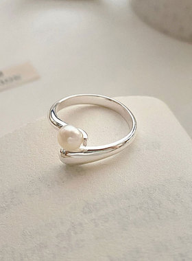 s925纯银淡水珍珠戒指女开口戒ins轻奢感亮银韩版百搭小清新
