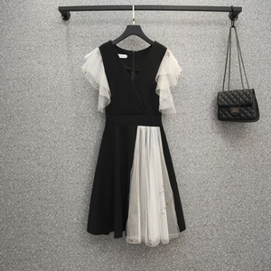 RM12438#胖MM网纱拼接气质修身显瘦连衣裙