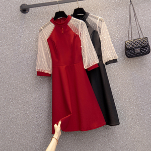 RM20601#大码套头网纱拼接套头拼接圆领纯色中腰a字裙