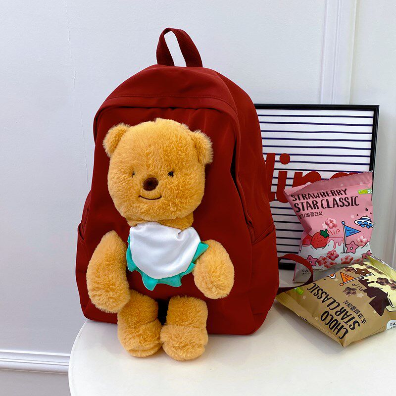 GFSN韩版可爱小熊双肩包女潮款大容量背包红色书包学生包大容量潮
