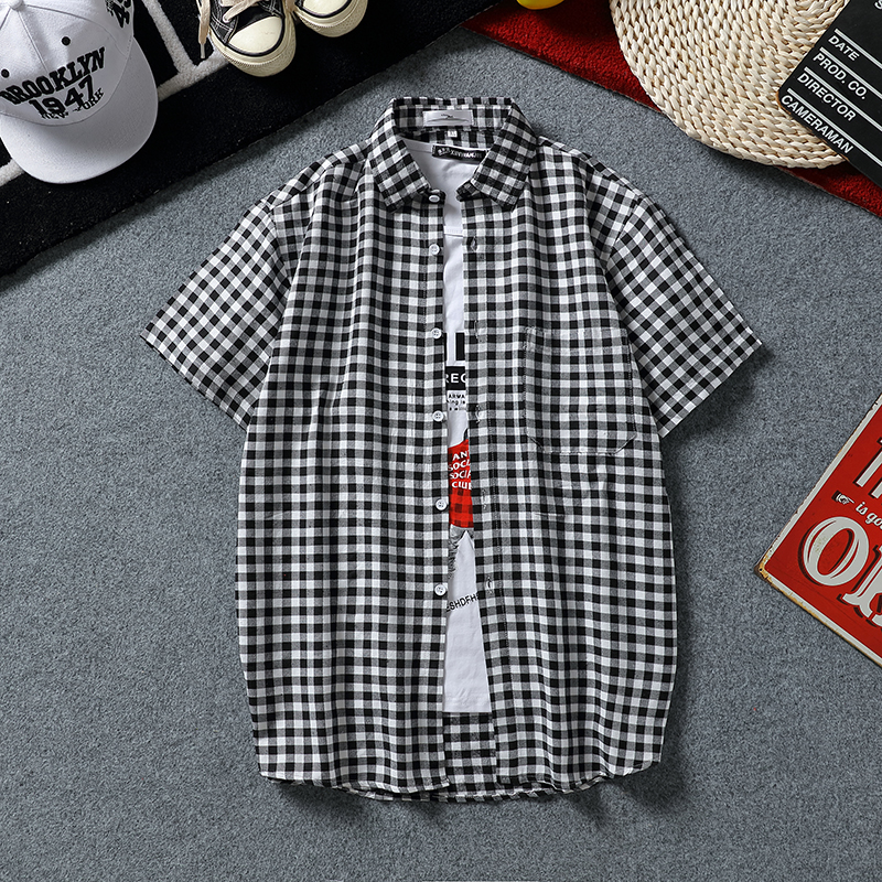 19SS夏季短袖衬衫青少年男女格子衬衣学生韩版情侣宽松休闲上衣|ruв категории Мужская одежда, рубашка - от Buy2taobao.com для оказания профессиональной услуги покупки агента Taobao