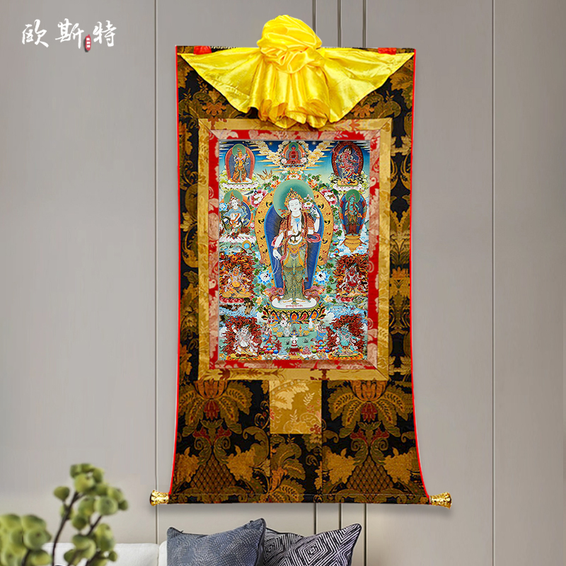 立像观音四臂矿物唐卡