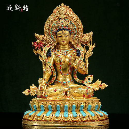 彩珠镶嵌白度母铜像摆件
