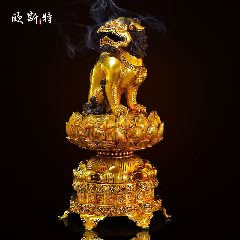 坐狮莲花熏香炉摆件全鎏金