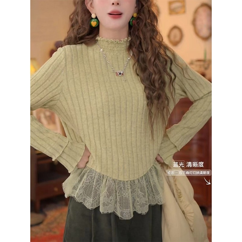 小众设计感蕾丝拼接针织衫女2025冬季新款时尚木耳边高领打底上衣
