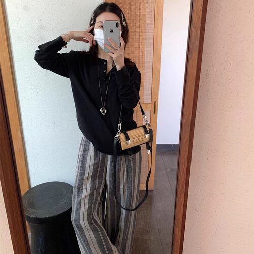Motzu 慵懒风条纹亚麻直筒休闲裤女2025春季新品小众阔腿长款裤子