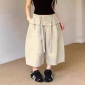 小个子复古高腰九分休闲裤 牛X货 女春季 浅卡其弯刀阔腿裤 巨炸裂