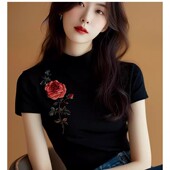 奥特莱斯专柜正品 t恤女半高领针织上衣 清仓黑色花朵印花冰丝短袖