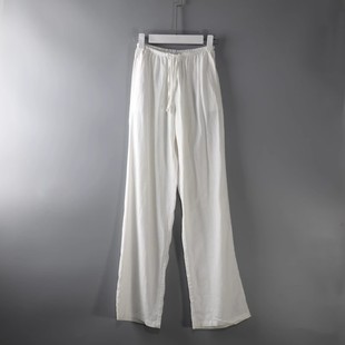 霖儿同款推荐!松紧腰高腰纯色宽松透气亚麻直筒裤女式休闲长裤子