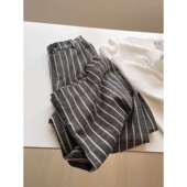 春气质通勤高腰显瘦直筒休闲长裤 女 复古竖条纹棉麻阔腿裤 高ji感