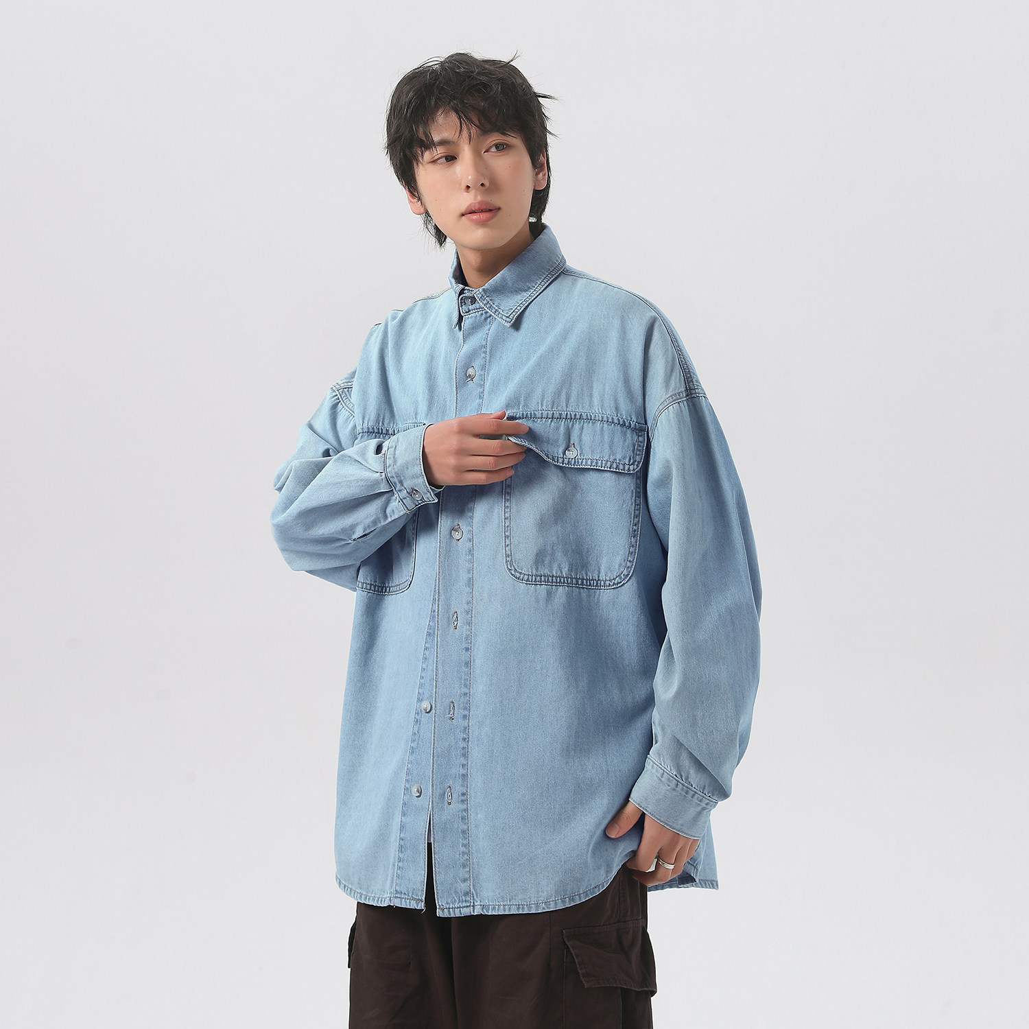 宽松日系牛仔衬衫男工装口袋长袖衬衣外套Q339-P68控88,男装衬衫,星座617A-5（原A405）